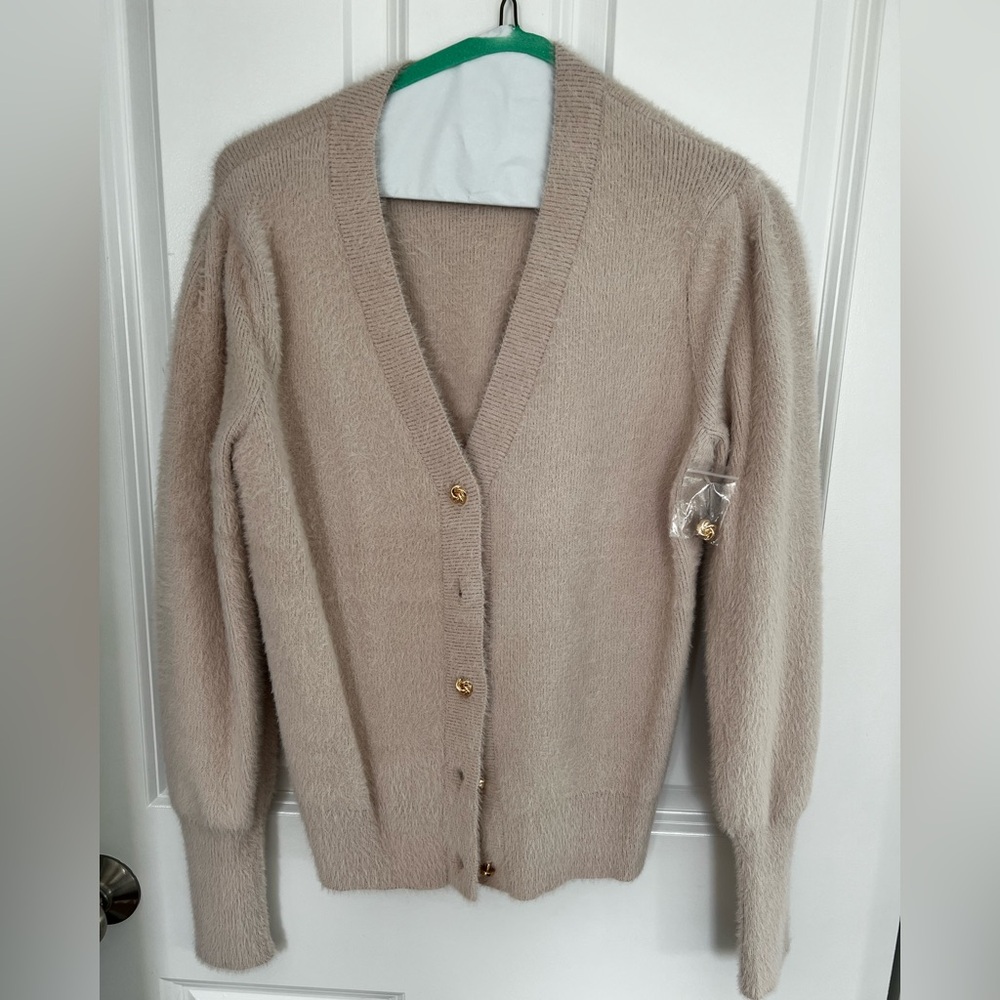 Joie Tan / Beige Women's Fuzzy Cardigan w/ Gold Detailed Buttons. Size Medium